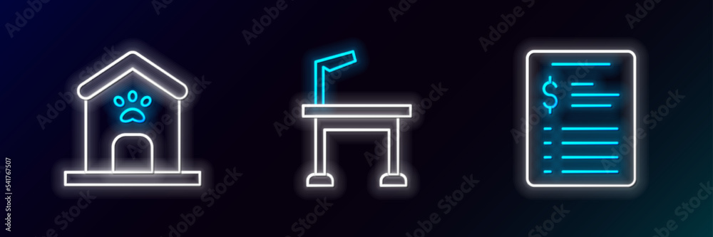 Sticker Set line Grooming salon price list, Dog house and paw print and Pet grooming table icon. Glowing neon. Vector