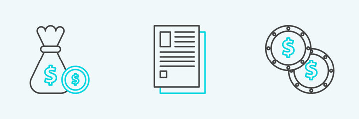 Set line Coin money with dollar symbol, Money bag and coin and File document icon. Vector