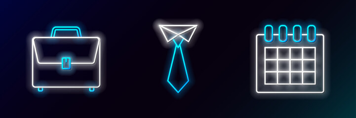 Set line Calendar, Briefcase and Tie icon. Glowing neon. Vector