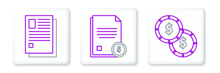 Set line Coin money with dollar symbol, File document and Finance icon. Vector