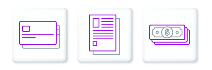 Fototapeta premium Set line Stacks paper money cash, Credit card and File document icon. Vector