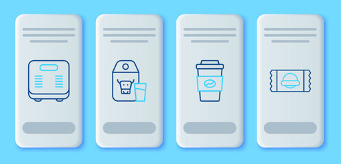 Set line Paper package for milk, Coffee cup to go, Bathroom scales and Sports nutrition icon. Vector