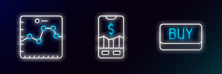 Set line Buy button, Browser with growth graph and Mobile stock trading icon. Glowing neon. Vector