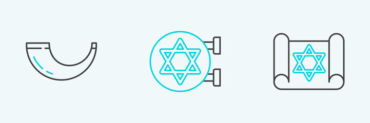 Set line Torah scroll, Traditional ram horn, shofar and Jewish synagogue icon. Vector