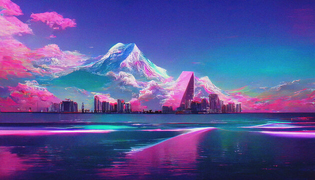 Abstract Retro futuristic  sci-fi synthwave landscape in space with stars. Vaporwave stylized  illustration for EDM music  Ai generated.