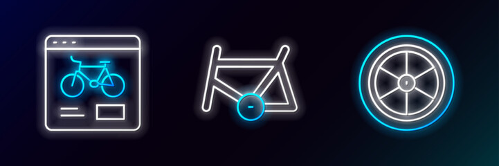 Fototapeta premium Set line Bicycle wheel, rental mobile app and frame icon. Glowing neon. Vector