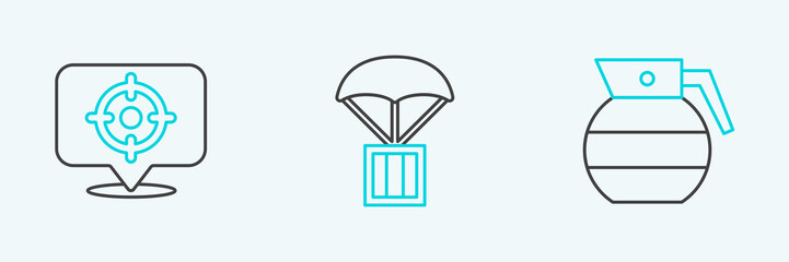 Set line Hand grenade, Target sport and Airdrop box icon. Vector