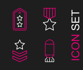 Set line Aviation bomb, Military rank, reward medal and icon. Vector
