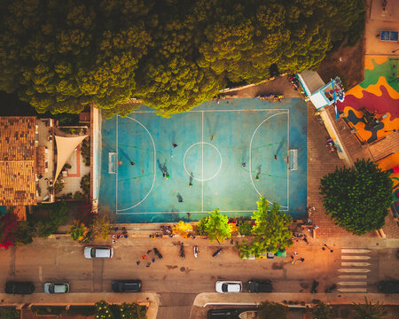 Aerial view of a soccer field in Sant Elm, on the island Mallorca, Isla Baleares, Spain.