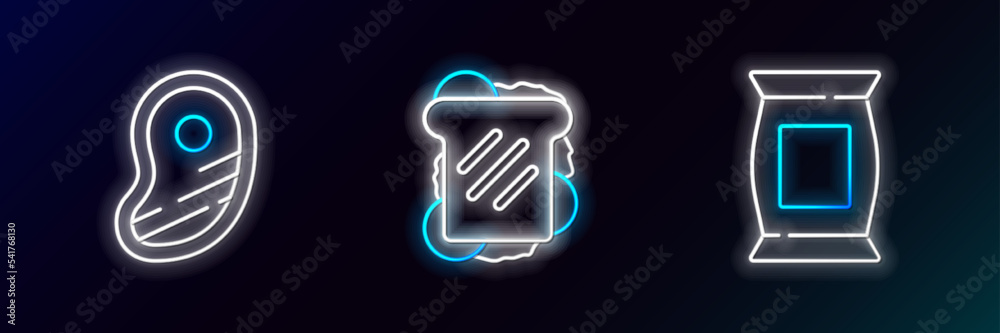 Poster Set line Bag or packet potato chips, Steak meat and Sandwich icon. Glowing neon. Vector