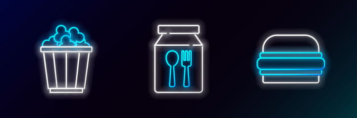 Set line Burger, Popcorn in box and Online ordering and delivery icon. Glowing neon. Vector