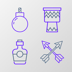 Set line Crossed arrows, Tequila bottle, Drum and Bomb ready to explode icon. Vector