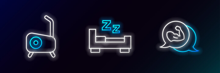 Set line Bodybuilder muscle, Stationary bicycle and Time to sleep icon. Glowing neon. Vector