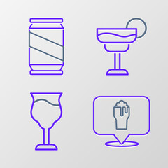 Set line Alcohol or beer bar location, Wine glass, Cocktail and Beer can icon. Vector