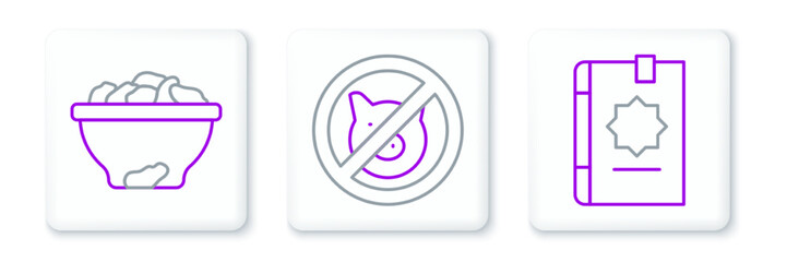 Fototapeta premium Set line Holy book of Koran, Date fruit in bowl and No pig icon. Vector