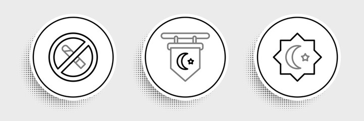 Set line Octagonal star, No Smoking and Star and crescent icon. Vector