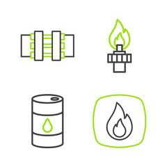 Set line Fire flame, Barrel oil, Oil rig with fire and Metallic pipes and valve icon. Vector