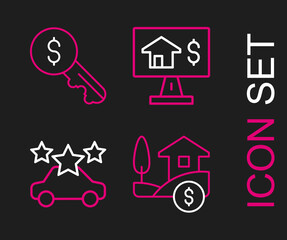 Set line House with dollar, Car sharing, Online real estate and Rent key icon. Vector