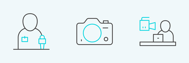 Set line Breaking news, Journalist and Photo camera icon. Vector