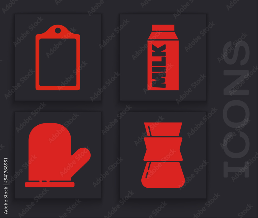 Sticker Set Coffee turk, Cutting board, Paper package for milk and Oven glove icon. Vector