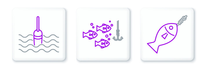 Set line Fish on hook, Fishing float in water and under with fish icon. Vector © Oksana