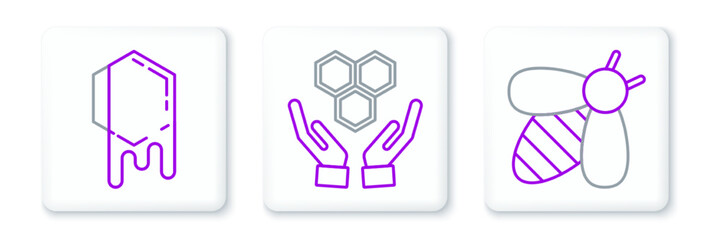 Set line Bee, Honeycomb and and hands icon. Vector
