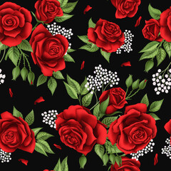 Red rose bouquets and green leaves, mesh elements seamless pattern