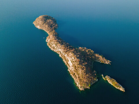 Aerial view of Boadzulu Island Southern Lake Malawi, Mangochi, Malawi, Africa.