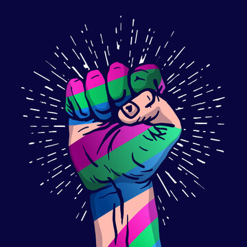 A human hand clenched into a fist. The flag of polysexual pride. A colorful logo of one of the LGBT flags. Sexual identification. Vector illustration