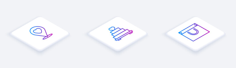 Set Isometric line Location with heart, Wedding cake and Shopping bag. White square button. Vector