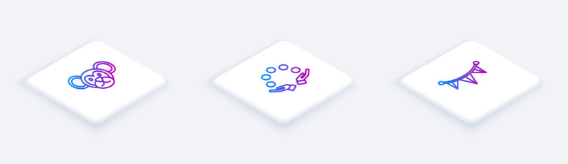 Set Isometric line Monkey, Juggling ball and Carnival garland with flags. White square button. Vector