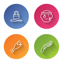 Set line Lock picks for lock picking, Bandit, Broken bottle as weapon and Police shotgun. Color circle button. Vector