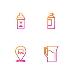 Set line Milk jug or pitcher, Udder, Baby milk in a bottle and Whipped cream. Gradient color icons. Vector