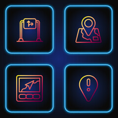 Fototapeta premium Set line Location with exclamation mark, Gps device map, Road traffic sign and Folded location marker. Gradient color icons. Vector