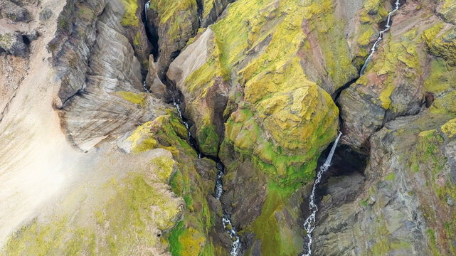Aerial view of a small river at Mulagljufur Canyon, Eastern, Iceland.