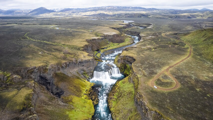 Aerial view of Axlafoss waterfall, Skaftarhreppur, Iceland.