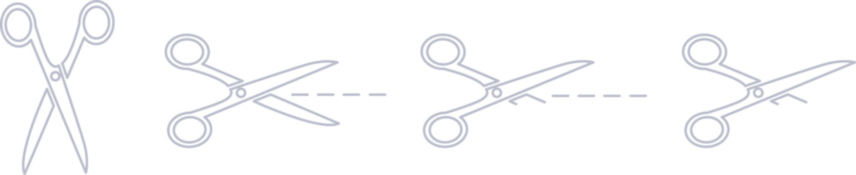 set d'ic&ocirc;nes ou pictogrammes repr&eacute;sentant des ciseaux qui d&eacute;coupent des pointill&eacute;s ou une feuille de papier	