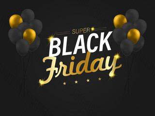 Modern Black Friday Super Sale Banner Black and Golden Balloons