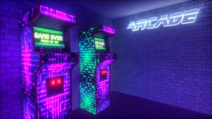 arcade machines in a game hall (3d rendering)