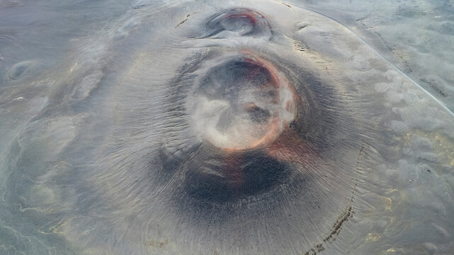 Aerial view of a desert valley landscape with volcanos, Iceland.