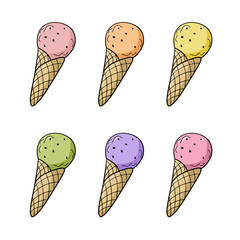 A set of colored icons, cold fruit ice cream in a waffle cone with chocolate chips, vector cartoon