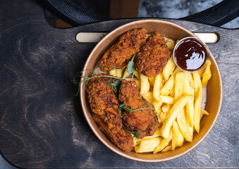 Top view of fresh tasty food in cardboard bowl. Fries, сhicken fried in batter and sauce. Take away fast food.