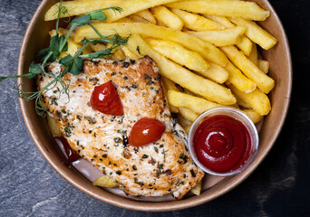 Top view of fresh tasty food in cardboard bowl. Fries, fried meat and sauce. Take away fast food.