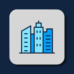 Filled outline City landscape icon isolated on blue background. Metropolis architecture panoramic landscape. Vector