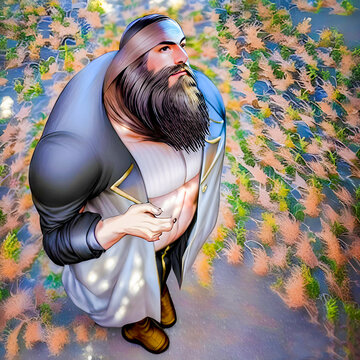 Anime style cartoon of a big man with huge beard and long hair crouching in the forest with many leafs around looking up through the sun thinking about life, phylosophical look, wondering, in awe
