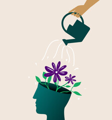 Mental health care, psychological therapy concept. Human hand with watering can irrigates blossom flowers inside head. Self care, healthy life. Psychologist help. Blooming brain vector illustration.