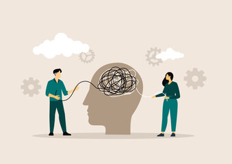 people solving psychological problems in tanged brain psychotherapy session treatment of stress addictions and mental problems concept. vector illustration. - obrazy, fototapety, plakaty