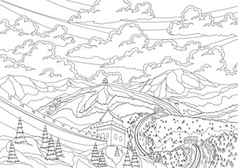 Great chinese wall landscape with watchtowers and wall sections on background of hills and mountains for travel or tourism in coloring style. Chinese prominent sight vector illustration