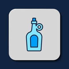 Filled outline Bottle of maple syrup icon isolated on blue background. Vector