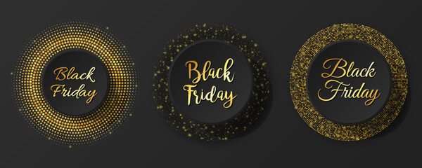 Modern Black Friday Tags with Golden Halftone for Business Marketing